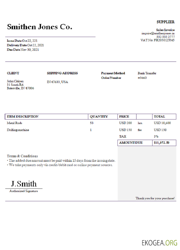 Facture USA Smithen Jones Co.